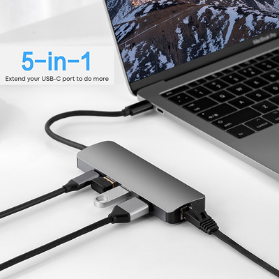 Portable USB C 5 Ports Hub Type-c to Rj45 HD 2*USB3.0 and 5 in 1 Adapter Cable