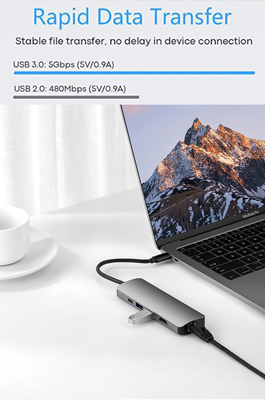 Portable USB C 5 Ports Hub Type-c to Rj45 HD 2*USB3.0 and 5 in 1 Adapter Cable